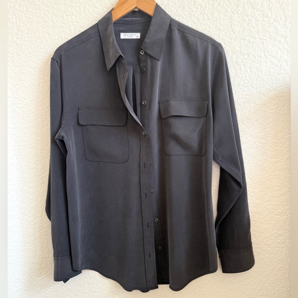 Equipment Femme Signature Silk Long Sleeve Collar Shirt 100% Silk S Black / Gray - Picture 2 of 7